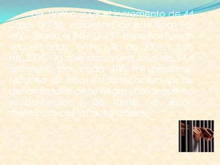 De 1999 a 2009 el incremento de 44
casos a 730 incidentes de este tipo Por
año. Según el INE, 16.917 personas fueron
secuestradas entre julio de 2008 y julio
de 2009, lo que arroja una tasa de 94,4
secuestro por cada 100 mil personas.
Ninguna de estas estadísticas incluye las
denominadas cifras negra (casos que no
se denuncian y, por tanto, no están
registrados por las autoridades) .
 