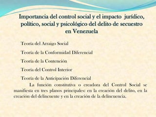 Teoría del Arraigo Social
Teoría de la Conformidad Diferencial
Teoría de la Contención
Teoría del Control Interior
Teoría de la Anticipación Diferencial
La función constitutiva o creadora del Control Social se
manifiesta en tres planos principales: en la creación del delito, en la
creación del delincuente y en la creación de la delincuencia.
 