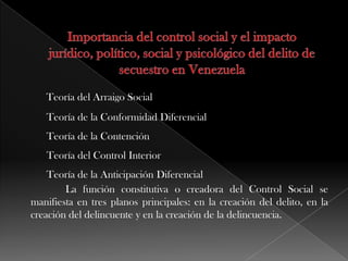 Teoría del Arraigo Social
Teoría de la Conformidad Diferencial
Teoría de la Contención
Teoría del Control Interior
Teoría de la Anticipación Diferencial
La función constitutiva o creadora del Control Social se
manifiesta en tres planos principales: en la creación del delito, en la
creación del delincuente y en la creación de la delincuencia.
 