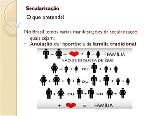 SecularizaçãoSecularização
O que pretende?
No Brasil temos várias manifestações da secularização,
quais sejam:
 Anulação da importância da família tradicional
 