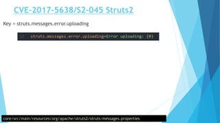 CVE-2017-5638/S2-045 Struts2
core/src/main/resources/org/apache/struts2/struts-messages.properties
Key = struts.messages.error.uploading
 