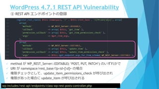 WordPress 4.7.1 REST API Vulnerability
wp-includes/rest-api/endpoints/class-wp-rest-posts-controller.php
① REST API エンドポイントの登録
 method が WP_REST_Server::EDITABLE( ‘POST, PUT, PATCH‘) のいずれかで
 URI が namespace/rest_base/?p<id>[d]+ の場合
 権限チェックとして、update_item_permissions_check が呼び出され
 権限があった場合に update_item が呼び出される
 