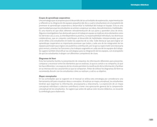 101
Grupos de aprendizaje cooperativos
Unaestrategiaqueseproponeparaeldesarrollodelasactividadesdeexploración,experimentación
y reflexión es la integración de equipos pequeños (de dos a cuatro estudiantes) con el propósito de
promover el aprendizaje cooperativo y desarrollar la habilidad del trabajo en equipo. Esta es una
oportunidadparaquelosestudiantesseanimenaexpresarsusideas,descubrimientosyhabilidades.
Es una manera en que ellos obtienen retroalimentación de sus pares y aprenden unos de otros.
Algunosinvestigadoreshandestacadoqueeneltrabajoenequiposeimplicanotroselementoscomo
los del trato cara a cara, la interdependencia positiva, la responsabilidad individual y las destrezas
colaborativas, que en conjunto contribuyen al desarrollo de habilidades interpersonales que les
serán útiles a los estudiantes en todos los aspectos de su vida. Cabe destacar que para lograr un
aprendizaje cooperativo es importante promover que todos y cada uno de los integrantes de los
equipos participen para lograr una auténtica contribución, por lo que su supervisión será necesaria
para revisar y orientar las funciones y los trabajos asignados en cada uno de los equipos de trabajo.
Se sugiere también diversificar las estrategias para la integración de los equipos, con el propósito
de que los estudiantes trabajen con diferentes compañeros de clase.
Diagramas de Venn
Esta herramienta facilita la presentación de conjuntos de información diferentes para presentar,
comparar y reconocer entre los elementos que se analizan, lo que es común o se comparte y lo que
loshacediferentes.Losespaciosdeloscírculospermitenlaclasificacióndelainformaciónyfacilitan
en su intersección las características que se comparten. Antes de utilizar los diagramas de Venn se
recomienda discutir con los estudiantes cómo se realizan y cuál es su objetivo.
Mapas conceptuales
En las actividades que se sugieren en el manual se utiliza esta estrategia por considerarse una
herramienta útil para visualizar ideas o conceptos. Al realizar un mapa conceptual, los estudiantes
tendrán que organizar la información, jerarquizarla y relacionarla. La exposición de un mapa
conceptual individual o colectivo contribuirá a tener una apreciación general de la comprensión
conceptual de los estudiantes. Se sugiere que antes de aplicar este recurso didáctico, se recuerde
la simbología para elaborarlo.
Estrategias didácticas
 
