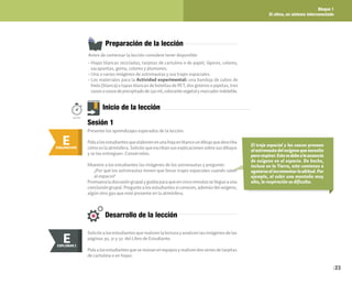 Bloque 1
El clima, un sistema interconectado
23
Inicio de la lección
E
ENGANCHAR
Preparación de la lección
Antes de comenzar la lección considere tener disponible:
• Hojas blancas recicladas, tarjetas de cartulina o de papel, lápices, colores,
sacapuntas, goma, colores y plumones.
• Una o varias imágenes de astronautas y sus trajes espaciales.
• Los materiales para la Actividad experimental: una bandeja de cubos de
hielo (blanca) o tapas blancas de botellas de PET, dos goteros o pipetas, tres
vasosovasosdeprecipitadode250ml,colorantevegetalymarcadorindeleble.
50min.
El traje espacial y los cascos proveen
alastronautadeloxígenoquenecesita
pararespirar.Estosedebealaausencia
de oxígeno en el espacio. De hecho,
incluso en la Tierra, este comienza a
agotarsealincrementarlaaltitud.Por
ejemplo, al subir una montaña muy
alta, la respiración se dificulta.
Sesión 1
Presente los aprendizajes esperados de la lección.
Pidaalosestudiantesqueelaborenenunahojaenblancoundibujoquedescriba
cómoeslaatmósfera.Solicitequeescribansusexplicacionessobresusdibujos
y se los entreguen. Consérvelos.
Muestre a los estudiantes las imágenes de los astronautas y pregunte:
¿Por qué los astronautas tienen que llevar trajes espaciales cuando salen
al espacio?
Promuevaladiscusióngrupalyguíelaparaqueencincominutossellegueauna
conclusión grupal. Pregunte a los estudiantes si conocen, además del oxígeno,
algún otro gas que esté presente en la atmósfera.
Solicite a los estudiantes que realicen la lectura y analicen las imágenes de las
páginas 30, 31 y 32 del Libro de Estudiante.
Pidaalosestudiantesquesereúnanenequiposyrealicendosseriesdetarjetas
de cartulina o en hojas:
Desarrollo de la lección
E
EXPLORAR
EXPLORAR I
E
 