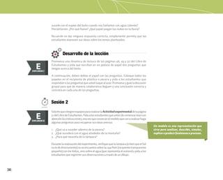 38
Un modelo es una representación que
sirve para analizar, describir, simular,
explicaropredecirfenómenosoprocesos.
sucede con el espejo del baño cuando nos bañamos con agua caliente?
Precipitación: ¿Por qué llueve? ¿Qué papel juegan las nubes en la lluvia?
Recuerde no dar ninguna respuesta correcta, simplemente permita que los
estudiantes expresen sus ideas sobre los temas planteados.
Desarrollo de la lección
Promueva una dinámica de lectura de las páginas 48, 49 y 50 del Libro de
Estudiantes y pida que escriban en un pedazo de papel dos preguntas que
tengan acerca del texto.
A continuación, deben doblar el papel con las preguntas. Coloque todos los
papeles en el recipiente de plástico o pecera y pida a los estudiantes que
respondanalaspreguntasqueustedsaquealazar.Promuevayguíeladiscusión
grupal para que de manera colaborativa lleguen a una conclusión correcta y
concreta en cada una de las preguntas.
E
EXPLORAR
EXPLORAR I
E
SolicitequeintegrenequipospararealizarlaActividadexperimentaldelapágina
51delLibrodeEstudiantes.Pidaalosestudiantesqueantesdecomenzarleancon
atenciónlasinstrucciones;unavezqueconozcanelmodeloquevanarealizarhaga
algunas preguntas para recuperar sus ideas previas:
1. ¿Qué va a suceder adentro de la pecera?
2. ¿Qué sucederá con el agua alrededor de la montaña?
3. ¿Para qué necesita de la lámpara?
Durantelarealizacióndelexperimento,verifiquequelalámpara(obienqueelSol
noledédirectamente)noseencuentresobrelacajaPetri(recipientetransparente
pequeño)conloshielos,sinosobreelagua(querepresentaelocéano)ypidaalos
estudiantes que registren sus observaciones a través de un dibujo.
E
EXPLORAR
EXPLORAR II
E
Sesión 2
100 min.
 