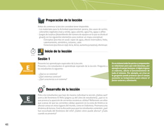 42
Antes de comenzar la lección considere tener disponible:
• Los materiales para la Actividad experimental: pecera, dos vasos de cartón,
colorantes vegetales (rojo y verde), agua caliente, agua fría, aguja o alfiler.
• Juegos de tarjetas (dependiendo del número de equipos en lo que se divida el
grupo) con los siguientes elementos para realizar un mapa conceptual:
Conceptos (escritos en azul): vapor de agua, efecto invernadero, hielo,
calentamiento, atmósfera, océanos, calor.
Conectores(escritosenrojo):dela,delos,aumenta(4tarjetas),disminuye.
Preparación de la lección
Enunsistematodaslaspartesocomponentes
se relacionan para que este funcione, por
ejemploelcuerpohumano:sialgúnórgano
se enferma, afecta el funcionamiento de
todo el sistema. Por ejemplo, un virus en
la garganta puede provocar que el cuerpo
aumente su temperatura para atacar el
factor externo y eliminarlo.
E
ENGANCHAR
Inicio de la lección
Presente los aprendizajes esperados de la lección.
Presente a los estudiantes el aprendizaje esperado de la lección. Pregunte a
los estudiantes lo siguiente:
• ¿Qué es un sistema?
• ¿Qué sistemas conocen?
• ¿Qué caracteriza a un sistema?
50min.
Sesión 1
Desarrollo de la lección
Pida a los estudiantes que lean de manera individual la sección ¿Sabías qué?
acerca del fenómeno El Niño (página 53 del Libro de estudiantes). ¿qué es lo
que provoca la aparición de corrientes oceánicas cálidas? Reflexione con ellos
que a pesar de que las corrientes cálidas aparecen en la costa de América se
afectan zonas en otros lugares del mundo, como en Indonesia. Promueva una
dinámicadelectura.Guíeladiscusiónparaquelosestudiantescomenten:¿qué
han escuchado del fenómeno del niño? ¿Saben cómo puede afectar? ¿Cada
cuando se presenta?
E
EXPLORAR
EXPLORAR I
E
 