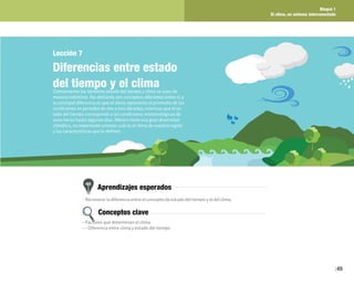 Bloque 1
El clima, un sistema interconectado
45
Lección 7
Diferencias entre estado
del tiempo y el clima
Comúnmente los términos estado del tiempo y clima se usan de
manera indistinta. No obstante son conceptos diferentes entre sí, y
su principal diferencia es que el clima representa el promedio de las
condiciones en periodos de dos a tres décadas; mientras que el es-
tado del tiempo corresponde a las condiciones meteorológicas de
unas horas hasta algunos días. México tiene una gran diversidad
climática, es importante conocer cuál es el clima de nuestra región
y las características que la definen.
Aprendizajes esperados
Conceptos clave
• Reconocer la diferencia entre el concepto de estado del tiempo y el del clima.
• Factores que determinan el clima
• • Diferencia entre clima y estado del tiempo
 
