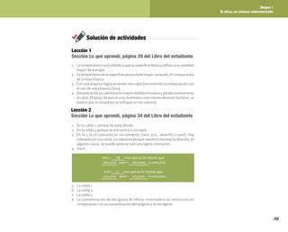 Bloque 1
El clima, un sistema interconectado
49
Lección 2
Sección Lo que aprendí, página 34 del Libro del estudiante
Lección 1
Sección Lo que aprendí, página 29 del Libro del estudiante
Solución de actividades
1. La temperatura varía debido a que la superficie blanca refleja una cantidad
mayor de energía.
2. Latemperaturadelasuperficieoscuratienemayorvariación,encomparación
de la hoja blanca.
3. Con una playera negra se siente más calor (recomiende la comparación con
el uso de una playera clara).
4. Duranteeldíasecalentaráenmayormedidaelocéanoyperderálentamente
el calor. (A pesar de que en este fenómeno intervienen diversos factores, se
espera que la respuesta se enfoque en los colores).
1. En la celda 1, porque no está diluido
2. En la celda 5 porque se encuentra a 100 ppm
3. En la 5 (si el colorante es inicialmente claro, p.ej., amarillo o azul). Hay
colorante en esa celda. Lo sabemos porque nosotros hicimos la dilución, en
algunos casos, se puede apreciar aún una ligera coloración.
4. 100%
5. La celda 1
6. La celda 2
7. La celda 5
8. La concentración de los gases de efecto invernadero es minúscula en
comparación con la concentración del oxígeno y el nitrógeno
78% = 78 /100 que es lo mismo que
780,000 ppm = 780,000 /1,000,000
21%= 21 /100 que es lo mismo que
210,000 ppm = 210,000 /1,000,000
 