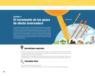 62
Aprendizajes esperados
Conceptos clave
Lección 3
El incremento de los gases
de efecto invernadero
Lasemisionesdegasesdeefectoinvernaderoderivadasdelasactividades
humanas, están aumentando la concentración de CO2 en la atmósfera a
un ritmo muy acelerado. Este incremento comenzó hace 150 años, etapa
de la historia humana que coincide con la Revolución Industrial y con la
proliferación de las actividades a partir de la quema de combustibles
fósiles. Por lo tanto, los diversos sectores de la sociedad han contribuido
alaafectacióndetierra,océanosyatmósfera, esdecir, al funcionamiento
del sistema planetario.
• Analizar cuáles son las causas del cambio climático y reconocer que los cambios históricos,
sociales y económicos más importantes de la Revolución Industrial han derivado un aumento en
la concentración de CO2 en la atmósfera.
• Identifica que las actividades humanas relacionadas con la quema combustibles fósiles y con
la deforestación, son las principales fuentes de emisión gases de efecto invernadero adicional.
• Principales fuentes de emisión de CO2
• Relación entre las actividades humanas y el incremento en la concentración de GEI actual
 