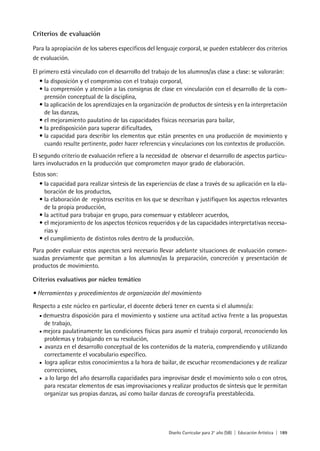 Diseño Curricular para 2° año (SB) | Educación Artística | 189
Criterios de evaluación
Para la apropiación de los saberes específicos del lenguaje corporal, se pueden establecer dos criterios
de evaluación.
El primero está vinculado con el desarrollo del trabajo de los alumnos/as clase a clase: se valorarán:
• la disposición y el compromiso con el trabajo corporal,
• la comprensión y atención a las consignas de clase en vinculación con el desarrollo de la com-
prensión conceptual de la disciplina,
• la aplicación de los aprendizajes en la organización de productos de síntesis y en la interpretación
de las danzas,
• el mejoramiento paulatino de las capacidades físicas necesarias para bailar,
• la predisposición para superar dificultades,
• la capacidad para describir los elementos que están presentes en una producción de movimiento y
cuando resulte pertinente, poder hacer referencias y vinculaciones con los contextos de producción.
El segundo criterio de evaluación refiere a la necesidad de observar el desarrollo de aspectos particu-
lares involucrados en la producción que comprometen mayor grado de elaboración.
Estos son:
• la capacidad para realizar síntesis de las experiencias de clase a través de su aplicación en la ela-
boración de los productos,
• la elaboración de registros escritos en los que se describan y justifiquen los aspectos relevantes
de la propia producción,
• la actitud para trabajar en grupo, para consensuar y establecer acuerdos,
• el mejoramiento de los aspectos técnicos requeridos y de las capacidades interpretativas necesa-
rias y
• el cumplimiento de distintos roles dentro de la producción.
Para poder evaluar estos aspectos será necesario llevar adelante situaciones de evaluación consen-
suadas previamente que permitan a los alumnos/as la preparación, concreción y presentación de
productos de movimiento.
Criterios evaluativos por núcleo temático
• Herramientas y procedimientos de organización del movimiento
Respecto a este núcleo en particular, el docente deberá tener en cuenta si el alumno/a:
• demuestra disposición para el movimiento y sostiene una actitud activa frente a las propuestas
de trabajo,
• mejora paulatinamente las condiciones físicas para asumir el trabajo corporal, reconociendo los
problemas y trabajando en su resolución,
• avanza en el desarrollo conceptual de los contenidos de la materia, comprendiendo y utilizando
correctamente el vocabulario específico.
• logra aplicar estos conocimientos a la hora de bailar, de escuchar recomendaciones y de realizar
correcciones,
• a lo largo del año desarrolla capacidades para improvisar desde el movimiento solo o con otros,
para rescatar elementos de esas improvisaciones y realizar productos de síntesis que le permitan
organizar sus propias danzas, así como bailar danzas de coreografía preestablecida.
 