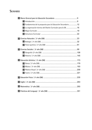 Marco General para la Educación Secundaria ...........................................9
Introducción...................................................................................9
Fundamentos de la propuesta para la Educación Secundaria................12
La organización técnica del Diseño Curricular para la SB .....................16
Mapa Curricular ..............................................................................19
Estructura Curricular ......................................................................22
Ciencias Naturales | 2º año (SB) ..............................................................23
Biología | 2º año (SB) ......................................................................32
Físico-química | 2º año (SB) .............................................................61
Ciencias Sociales | 2º año (SB) .................................................................99
Geografía |2º año (SB) ....................................................................108
Historia | 2º año (SB) ......................................................................145
Educación Artística | 2º año (SB) .............................................................173
Danza | 2º año (SB)..........................................................................179
Música | 2º año (SB) .......................................................................193
Plástica Visual | 2º año (SB) .............................................................209
Teatro | 2º año (SB) .........................................................................221
Educación Física | 2º año (SB) ..................................................................235
Inglés | 2º año (SB) .................................................................................263
Matemática | 2º año (SB) .........................................................................293
Prácticas del Lenguaje | 2º año (SB) .........................................................351
SUMARIO
 
