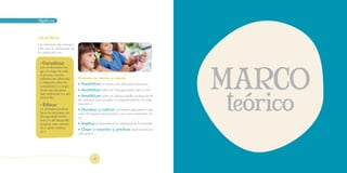 Objetivos




OBJETIVOS
Los objetivos que persegui-
mos con la utilización de
los materiales son:




                                                                                          MARCO
 • Garantizar
 que el alumnado ten-
 ga, a lo largo de todo
 el proceso escolar,
 información adecuada         Al abordar las tutorías, se trata de:
 y adaptada sobre los
                              o Sensibilizar en torno a las diferencias humanas.




                                                                                          teórico
 compañeros y compa-
 ñeras con discapaci-         o Sensibilizar sobre las “discapacidades que se ven”.
 dad intelectual y/o del
 desarrollo.                  o Sensibilizar sobre las discapacidades en función de
                              sus síntomas (por ejemplo, el comportamiento, la comu-
 • Educar                     nicación...)
 en actitudes positivas       o Planificar y realizar actividades adecuadas a cada
 hacia las personas con       etapa de manera estructurada y con unos contenidos cla-
 discapacidad intelec-        ros.
 tual y/o del desarrollo
 (respeto, trato adecua-      o Implicar al alumnado en la realización de la actividad.
 do y apoyo mutuo,
 etc.)                        o Llegar a acuerdos y prácticas consensuadas en
                              cada grupo.




                                         16
 