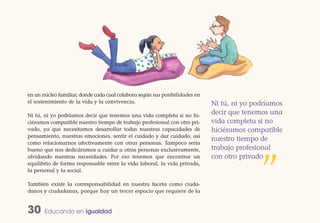 en un núcleo familiar, donde cada cual colabora según sus posibilidades en
el sostenimiento de la vida y la convivencia.                                Ni tú, ni yo podríamos
Ni tú, ni yo podríamos decir que tenemos una vida completa si no hi-
                                                                             decir que tenemos una
ciéramos compatible nuestro tiempo de trabajo profesional con otro pri-      vida completa si no
vado, ya que necesitamos desarrollar todas nuestras capacidades de           hiciéramos compatible
pensamiento, nuestras emociones, sentir el cuidado y dar cuidado, así
                                                                             nuestro tiempo de
como relacionarnos afectivamente con otras personas. Tampoco sería
bueno que nos dedicáramos a cuidar a otras personas exclusivamente,          trabajo profesional
                                                                             con otro privado


                                                                                            ”
olvidando nuestras necesidades. Por eso tenemos que encontrar un
equilibrio de forma responsable entre la vida laboral, la vida privada,
la personal y la social.

También existe la corresponsabilidad en nuestra faceta como ciuda-
danos y ciudadanas, porque hay un tercer espacio que requiere de la


30     Educando en Igualdad
 