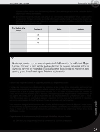 29
cuartasesión
ruta de mejora escolar	 Educación Secundaria
	 Valoren cuáles son las más pertinentes, viables y sustantivas para alcanzar cada uno de los
objetivos y metas planteadas.
26.	Concentren los productos de cada una de las actividades de esta sesión en un cuadro como
el siguiente. Tengan presente que esta información conformará el documento de planea-
ción que deberá ser compartido con la comunidad escolar, en colaboración con el Consejo
Escolar de Participación Social.
La Ruta de Mejora Escolar, el segundo proceso: La implementación
Hasta este momento han establecido los objetivos y las metas de su planeación, asimismo han
definido un conjunto de acciones orientadas a atender la o las prioridades educativas para el cum-
plimiento de lo que se quiere lograr como escuela. Estas acciones se concretan en los salones de
clase, en el colectivo docente y en la escuela con la participación responsable y comprometida de
los padres de familia, con el aprovechamiento de los recursos técnicos y materiales, con la medi-
ción de avances y con la solicitud de apoyos y asesoría externa que así lo determine el colectivo,
así como con el apoyo de los Programas en que la escuela esté participando.
Una forma de integrar estas acciones es a través de la Estrategia Global de Mejora Escolar como
la herramienta que permite dirigir de manera más eficaz y ordenada los esfuerzos de una escuela
hacia la mejora de los resultados educativos, consecuentes con los objetivos y metas de su Ruta
de Mejora Escolar.
Organicemos la implementación: Estrategia Global de Mejora Escolar
27.	Den lectura al siguiente párrafo y comenten su opinión al respecto:
Prioridad(es) de la
escuela
Objetivo(s) Metas Acciones
1.1
1.2
2.1
Hasta aquí, cuentan con un avance importante de la Planeación de su Ruta de Mejora
Escolar. Al iniciar el ciclo escolar podrán disponer de mayores referentes sobre los
alumnos a partir de los resultados de las evaluaciones diagnósticas que realicen en cada
grado y grupo, lo cual servirá para fortalecer su planeación.
 