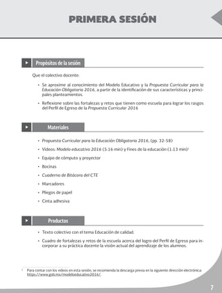 ruta de mejora escolar	 Educación Secundaria
7
PRIMERA SESIÓN
Que el colectivo docente:
•	 Se aproxime al conocimiento del Modelo Educativo y la Propuesta Curricular para la
Educación Obligatoria 2016, a partir de la identificación de sus características y princi-
pales planteamientos.
•	 Reflexione sobre las fortalezas y retos que tienen como escuela para lograr los rasgos
del Perfil de Egreso de la Propuesta Curricular 2016
1
	 Para contar con los videos en esta sesión, se recomienda la descarga previa en la siguiente dirección electrónica:
https://www.gob.mx/modeloeducativo2016/.
•	 Propuesta Curricular para la Educación Obligatoria 2016, (pp. 32-58)
•	Videos: Modelo educativo 2016 (5:16 min) y Fines de la educación (1:13 min)1
•	 Equipo de cómputo y proyector
•	Bocinas
•	 Cuaderno de Bitácora del CTE
•	Marcadores
•	 Pliegos de papel
•	 Cinta adhesiva
•	 Texto colectivo con el tema Educación de calidad. 	
•	 Cuadro de fortalezas y retos de la escuela acerca del logro del Perfil de Egreso para in-
corporar a su práctica docente la visión actual del aprendizaje de los alumnos.
▶ Propósitos de la sesión
▶ Materiales
▶ Productos
 