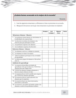 15EDUCACIÓN SECUNDARIA * SEXTA SESIÓN ORDINARIA
Siempre Casi
siempre
Algunas
veces
Nunca
1.
2.
3.
4.
5.
6.
7.
8.
9.
10.
11.
12.
13.
14.
 
