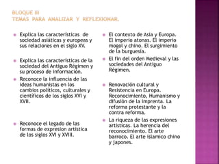  Explica las características de
sociedad asiáticas y europeas y
sus relaciones en el siglo XV.
 Explica las características de la
sociedad del Antiguo Régimen y
su proceso de información.
 Reconoce la influencia de las
ideas humanistas en los
cambios políticos, culturales y
científicos de los siglos XVI y
XVII.
 Reconoce el legado de las
formas de expresion artistica
de los siglos XVI y XVIII.
 El contexto de Asia y Europa.
El imperio atonas. El imperio
mogol y chino. El surgimiento
de la burguesía.
 El fin del orden Medieval y las
sociedades del Antiguo
Régimen.
 Renovación cultural y
Resistencia en Europa.
Reconocimiento, Humanismo y
difusión de la imprenta. La
reforma protestante y la
contra reforma.
 La riqueza de las expresiones
artisticas. La herencia del
reconocimiento. El arte
barroco. El arte islamico chino
y japones.
 
