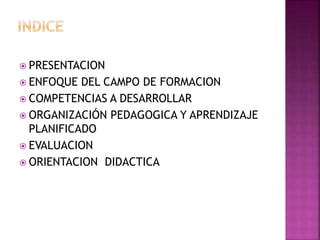  PRESENTACION
 ENFOQUE DEL CAMPO DE FORMACION
 COMPETENCIAS A DESARROLLAR
 ORGANIZACIÓN PEDAGOGICA Y APRENDIZAJE
PLANIFICADO
 EVALUACION
 ORIENTACION DIDACTICA
 