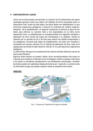 F. DISPOSICIÓN DE LODOS
Como se ha mencionado previamente, la mayoría de los tratamientos de aguas
residuales generan lodos que deben ser tratados de forma apropiada para su
disposición final. Antes de esta etapa, los lodos deben ser estabilizados, lo que
removerá organismos patógenos y reducirá el contenido de materia orgánica.
Después de la estabilización, en algunas ocasiones se elimina el agua de los
lodos para eliminar su volumen total y son depositados en la tierra como
disposición final. La estabilización es complementada por digestión aeróbica o
aplicación de lime, donde los lodos son bombeados a un digestor, donde es
retenido por un periodo de 20 a 30 días para reducir los sólidos suspendidos y
los patógenos. Durante esta etapa de estabilización, los lodos son aireados y
mezclados de manera rutinaria. En el método de aplicación de lime, este se le
agrega para aumentar el valor del pH a más de 12, lo cual reduce los organismos
patógenos.
La eliminación del agua se complementa de manera sencilla utilizando camas de
arena para filtración.
Algunos lodos limpios se pueden utilizar como acondicionadores del suelo en
virtud de que contienen nutrientes como el nitrógeno, fosforo y potasio. Esto hace
a los lodos un excelente complemento a los fertilizantes comerciales. También
los lodos pueden ser aplicados debajo de la tierra por inyección o cuando se les
ha eliminado el agua se pueden esparcir sobre la superficie de la tierra.
ANEXOS:
Fig. 1: Proceso de Tratamiento de aguas residuales
 