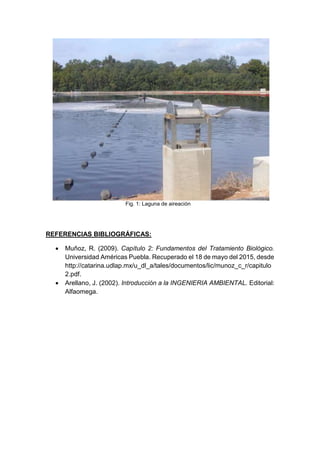 REFERENCIAS BIBLIOGRÁFICAS:
 Muñoz, R. (2009). Capítulo 2: Fundamentos del Tratamiento Biológico.
Universidad Américas Puebla. Recuperado el 18 de mayo del 2015, desde
http://catarina.udlap.mx/u_dl_a/tales/documentos/lic/munoz_c_r/capitulo
2.pdf.
 Arellano, J. (2002). Introducción a la INGENIERIA AMBIENTAL. Editorial:
Alfaomega.
Fig. 1: Laguna de aireación
 