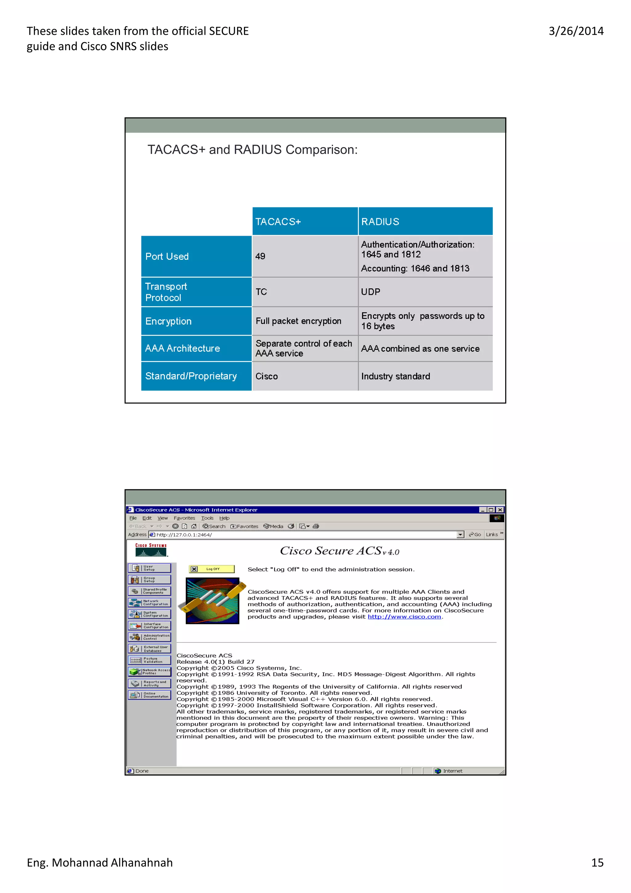 These slides taken from the official SECURE
guide and Cisco SNRS slides
3/26/2014
Eng. Mohannad Alhanahnah 15
TACACS+ and RADIUS Comparison:
 