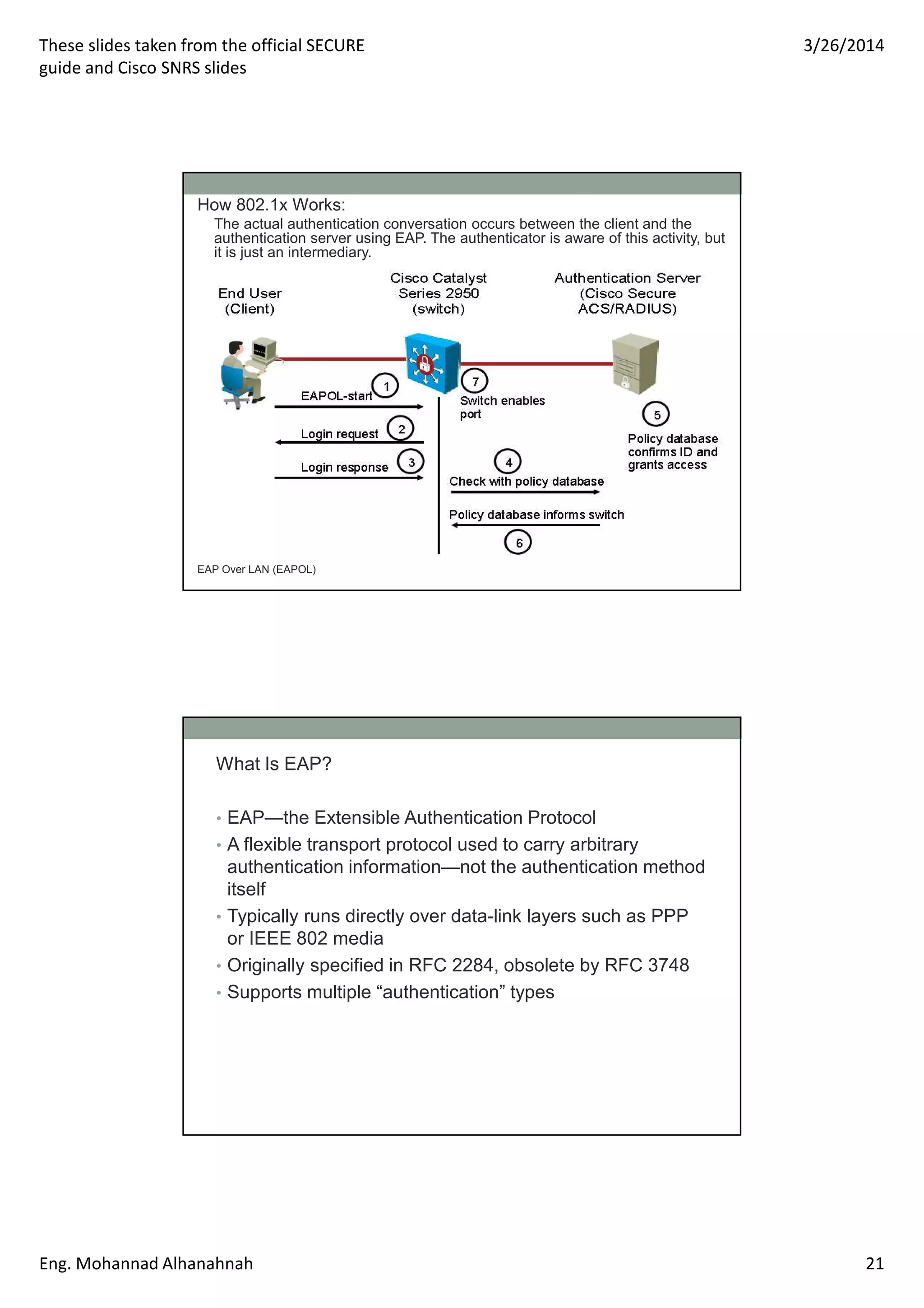 These slides taken from the official SECURE
guide and Cisco SNRS slides
3/26/2014
Eng. Mohannad Alhanahnah 21
How 802.1x Works:
The actual authentication conversation occurs between the client and the
authentication server using EAP. The authenticator is aware of this activity, but
it is just an intermediary.
EAP Over LAN (EAPOL)
What Is EAP?
• EAP—the Extensible Authentication Protocol
• A flexible transport protocol used to carry arbitrary
authentication information—not the authentication method
itself
• Typically runs directly over data-link layers such as PPP
or IEEE 802 media
• Originally specified in RFC 2284, obsolete by RFC 3748
• Supports multiple “authentication” types
 
