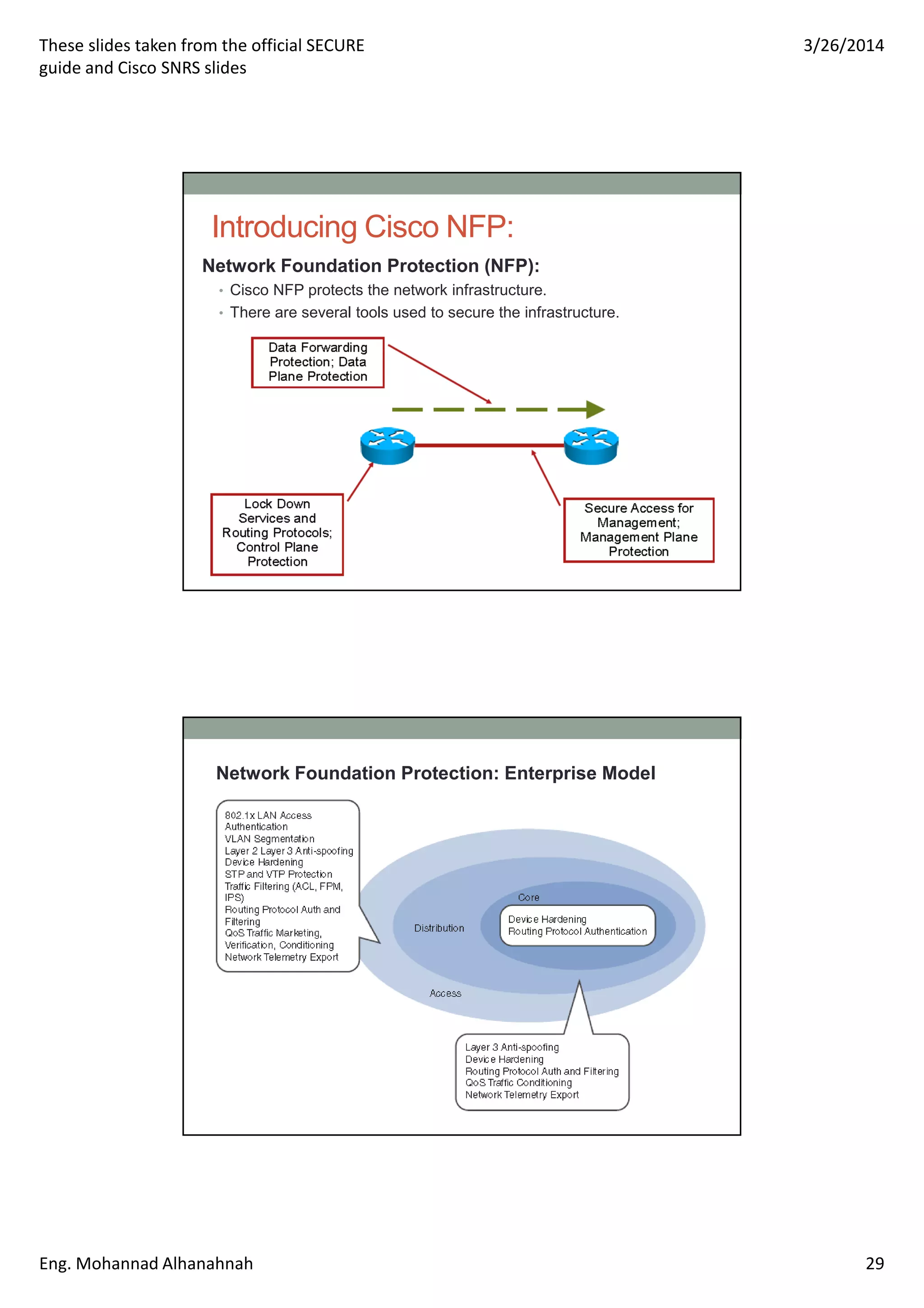 These slides taken from the official SECURE
guide and Cisco SNRS slides
3/26/2014
Eng. Mohannad Alhanahnah 29
Introducing Cisco NFP:
Network Foundation Protection (NFP):
• Cisco NFP protects the network infrastructure.
• There are several tools used to secure the infrastructure.
Network Foundation Protection: Enterprise Model
 