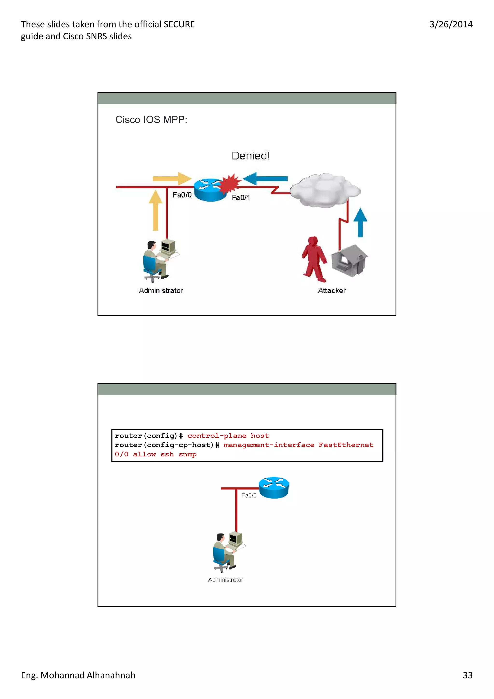 These slides taken from the official SECURE
guide and Cisco SNRS slides
3/26/2014
Eng. Mohannad Alhanahnah 33
Cisco IOS MPP:
 