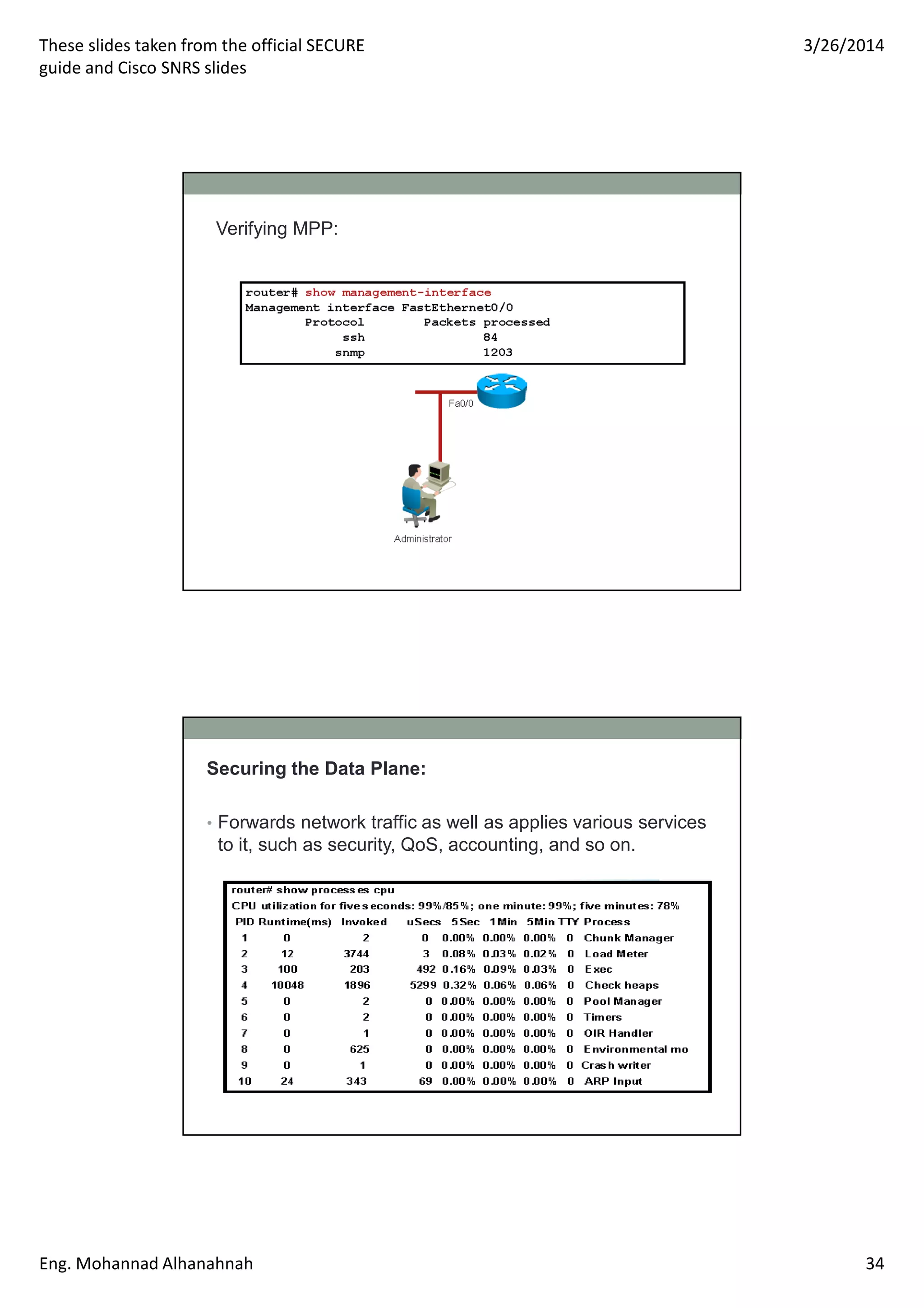 These slides taken from the official SECURE
guide and Cisco SNRS slides
3/26/2014
Eng. Mohannad Alhanahnah 34
Verifying MPP:
Securing the Data Plane:
• Forwards network traffic as well as applies various services
to it, such as security, QoS, accounting, and so on.
 