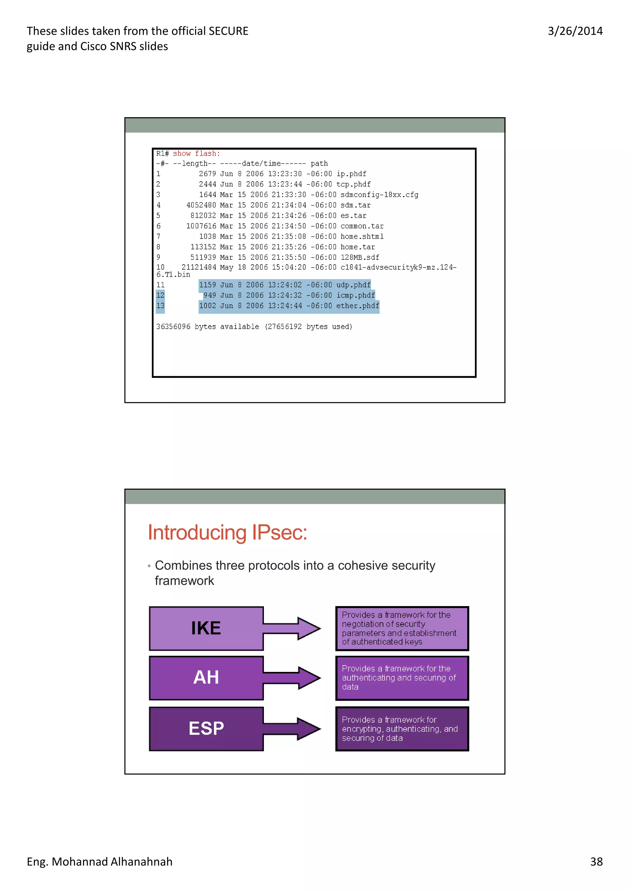 These slides taken from the official SECURE
guide and Cisco SNRS slides
3/26/2014
Eng. Mohannad Alhanahnah 38
Introducing IPsec:
• Combines three protocols into a cohesive security
framework
 