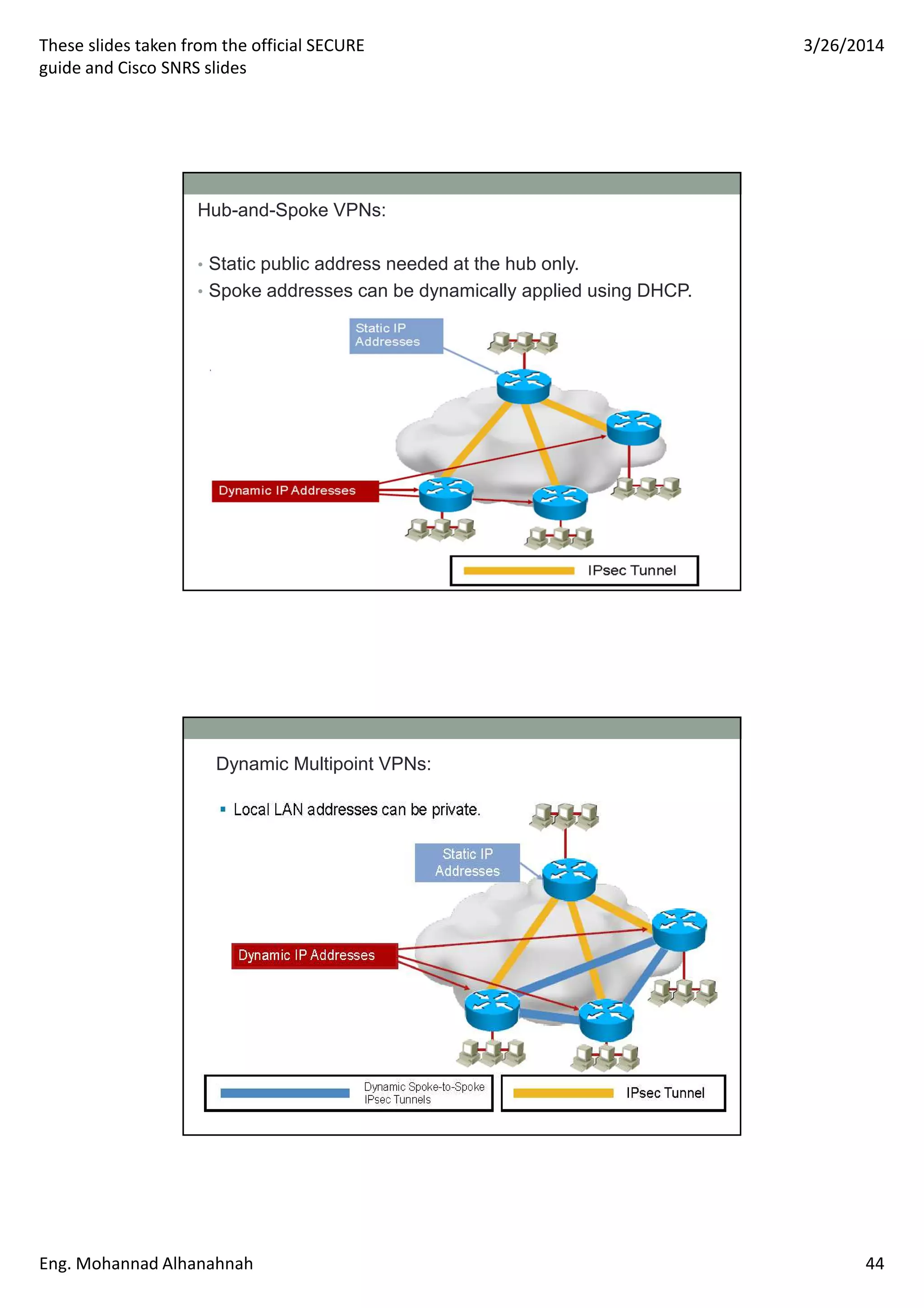 These slides taken from the official SECURE
guide and Cisco SNRS slides
3/26/2014
Eng. Mohannad Alhanahnah 44
Hub-and-Spoke VPNs:
• Static public address needed at the hub only.
• Spoke addresses can be dynamically applied using DHCP.
Dynamic Multipoint VPNs:
 