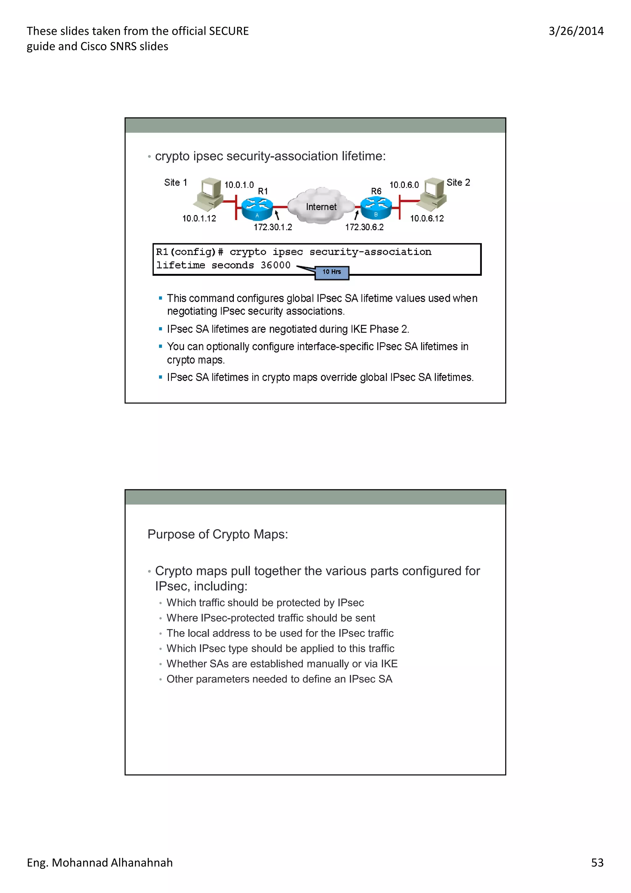 These slides taken from the official SECURE
guide and Cisco SNRS slides
3/26/2014
Eng. Mohannad Alhanahnah 53
• crypto ipsec security-association lifetime:
Purpose of Crypto Maps:
• Crypto maps pull together the various parts configured for
IPsec, including:
• Which traffic should be protected by IPsec
• Where IPsec-protected traffic should be sent
• The local address to be used for the IPsec traffic
• Which IPsec type should be applied to this traffic
• Whether SAs are established manually or via IKE
• Other parameters needed to define an IPsec SA
 