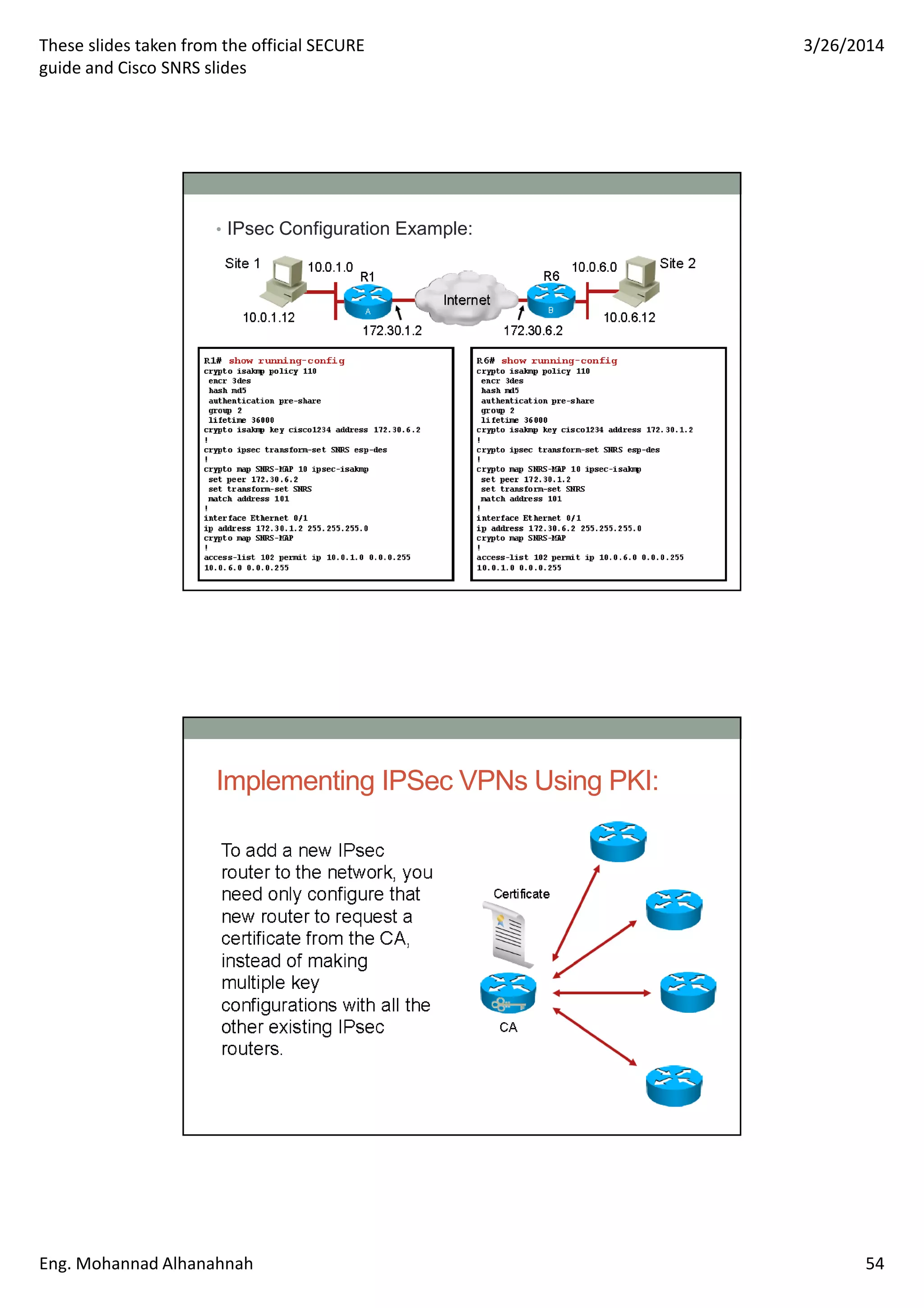 These slides taken from the official SECURE
guide and Cisco SNRS slides
3/26/2014
Eng. Mohannad Alhanahnah 54
• IPsec Configuration Example:
Implementing IPSec VPNs Using PKI:
 