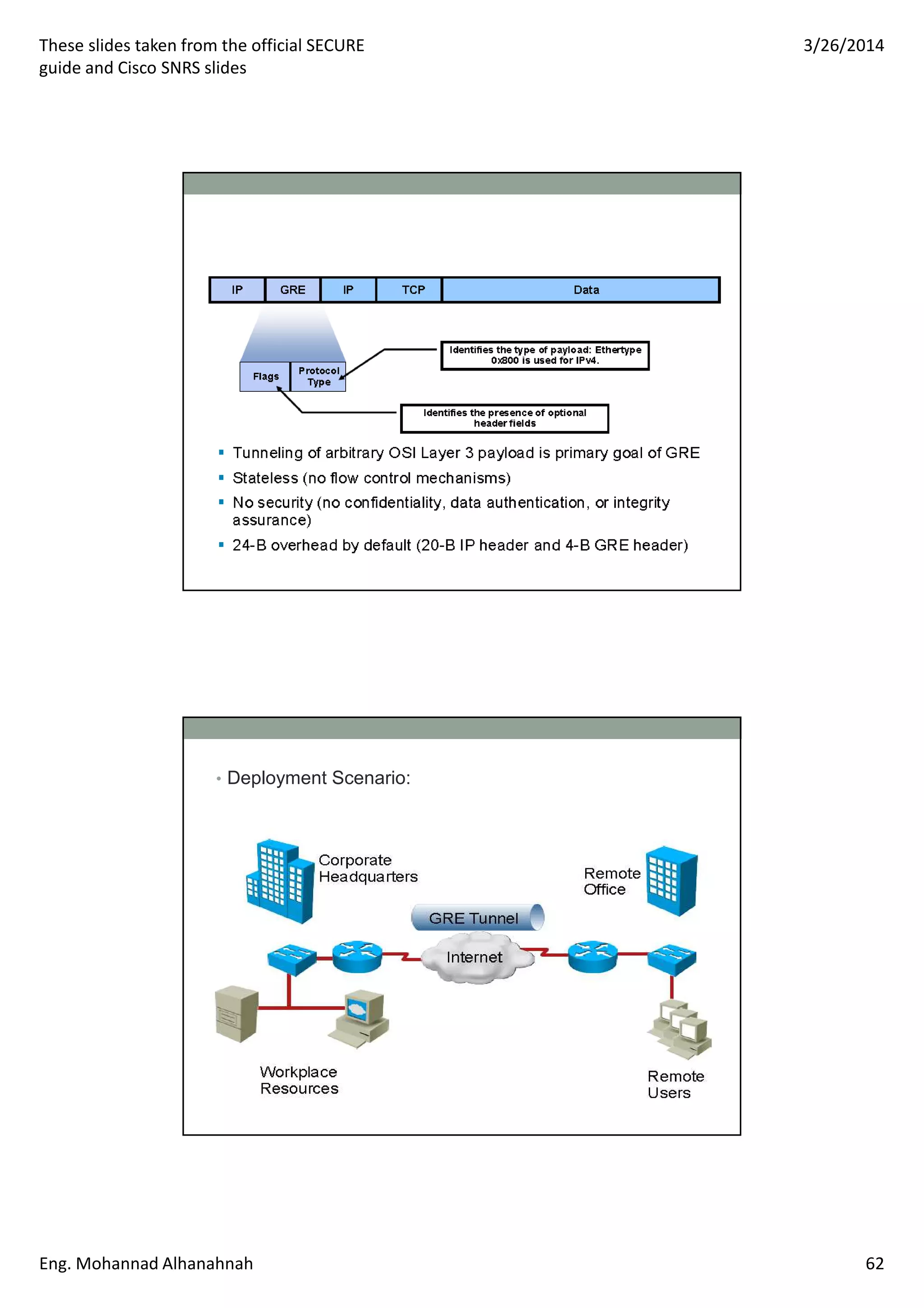 These slides taken from the official SECURE
guide and Cisco SNRS slides
3/26/2014
Eng. Mohannad Alhanahnah 62
• Deployment Scenario:
 