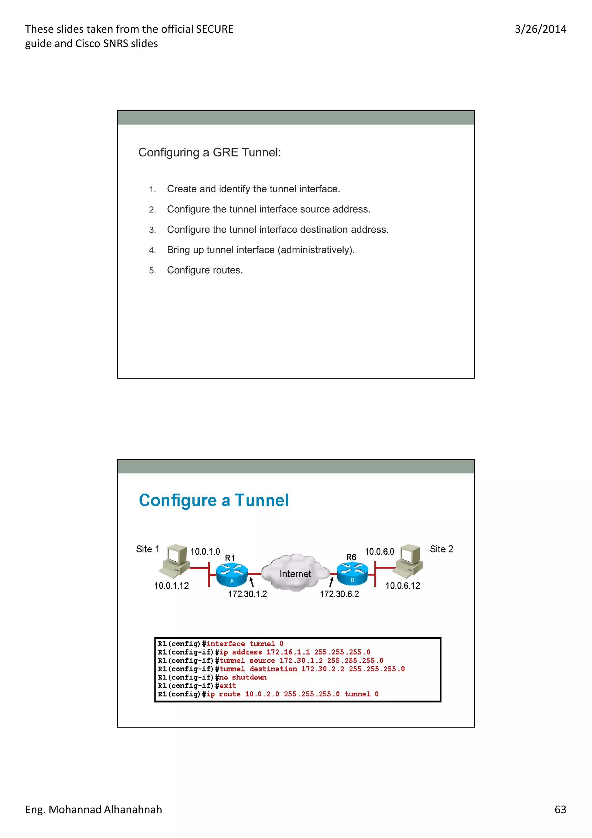 These slides taken from the official SECURE
guide and Cisco SNRS slides
3/26/2014
Eng. Mohannad Alhanahnah 63
Configuring a GRE Tunnel:
1. Create and identify the tunnel interface.
2. Configure the tunnel interface source address.
3. Configure the tunnel interface destination address.
4. Bring up tunnel interface (administratively).
5. Configure routes.
 
