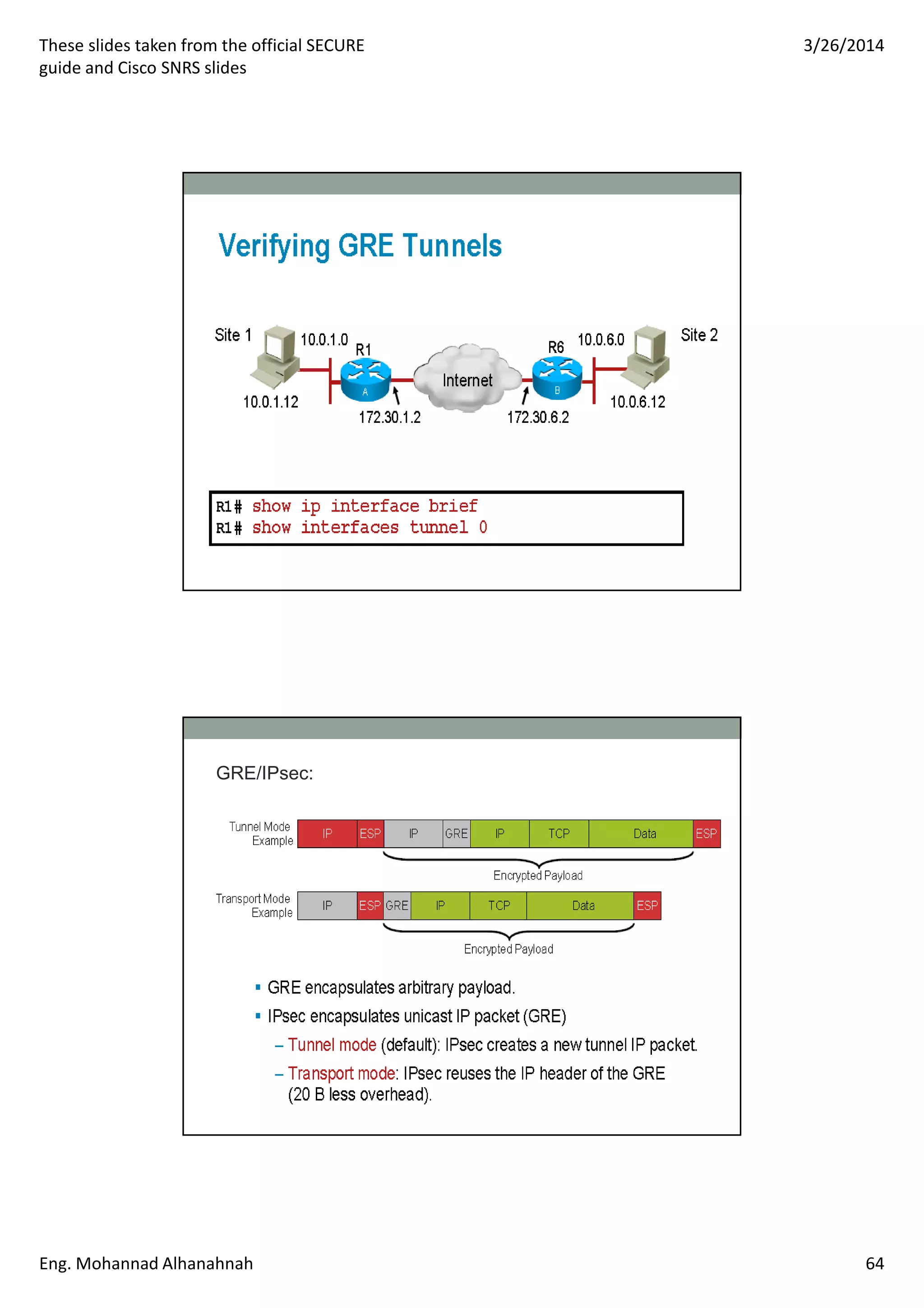 These slides taken from the official SECURE
guide and Cisco SNRS slides
3/26/2014
Eng. Mohannad Alhanahnah 64
GRE/IPsec:
 