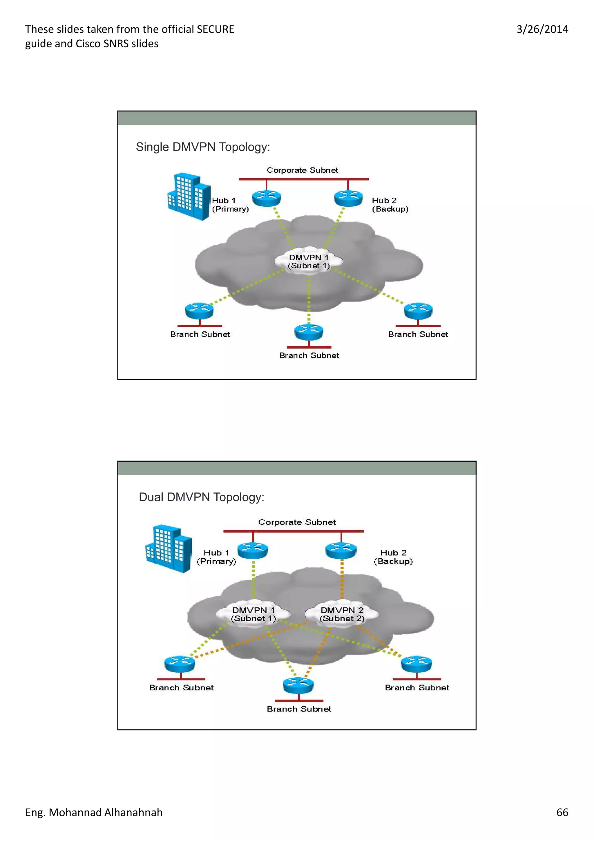 These slides taken from the official SECURE
guide and Cisco SNRS slides
3/26/2014
Eng. Mohannad Alhanahnah 66
Single DMVPN Topology:
Dual DMVPN Topology:
 