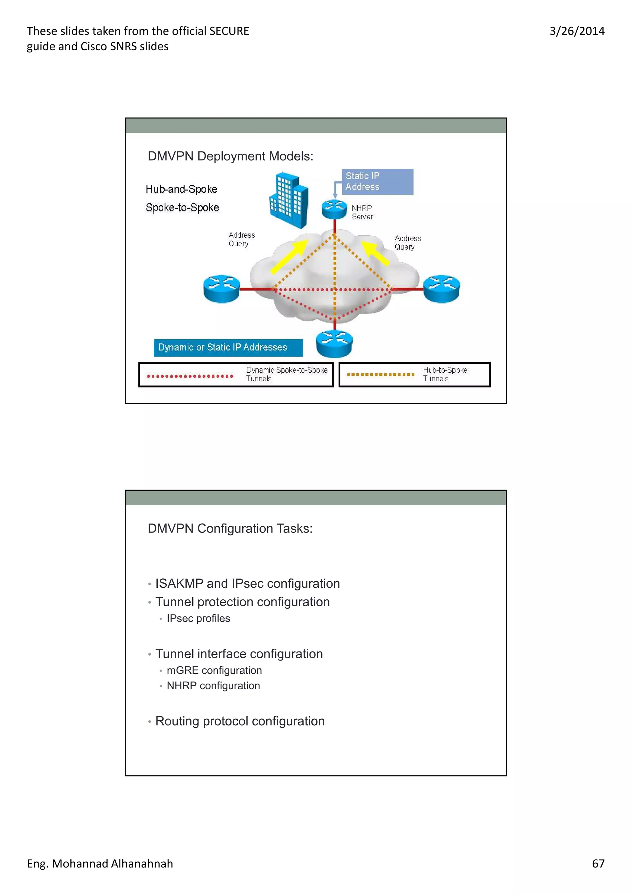 These slides taken from the official SECURE
guide and Cisco SNRS slides
3/26/2014
Eng. Mohannad Alhanahnah 67
DMVPN Deployment Models:
DMVPN Configuration Tasks:
• ISAKMP and IPsec configuration
• Tunnel protection configuration
• IPsec profiles
• Tunnel interface configuration
• mGRE configuration
• NHRP configuration
• Routing protocol configuration
 