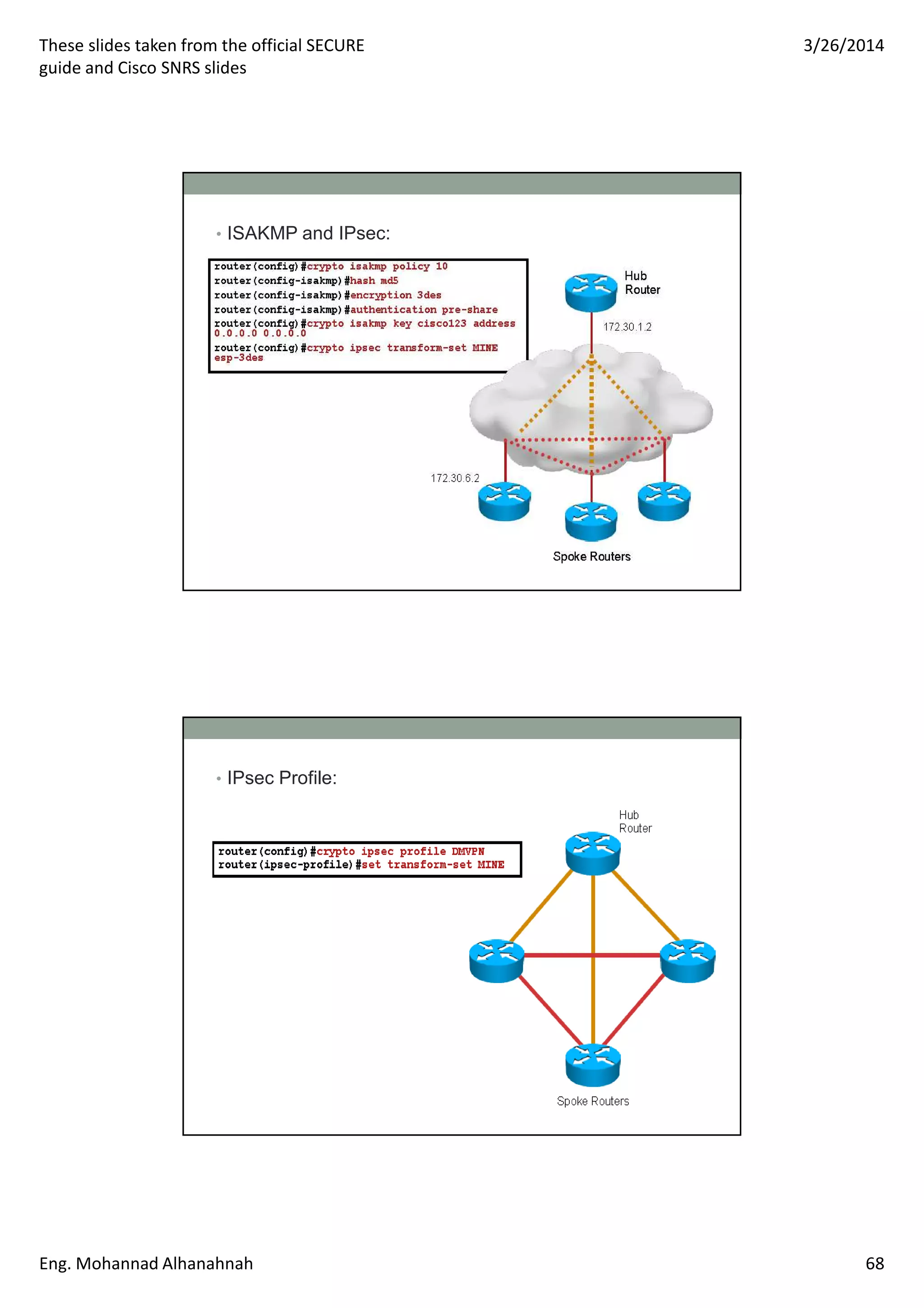 These slides taken from the official SECURE
guide and Cisco SNRS slides
3/26/2014
Eng. Mohannad Alhanahnah 68
• ISAKMP and IPsec:
• IPsec Profile:
 