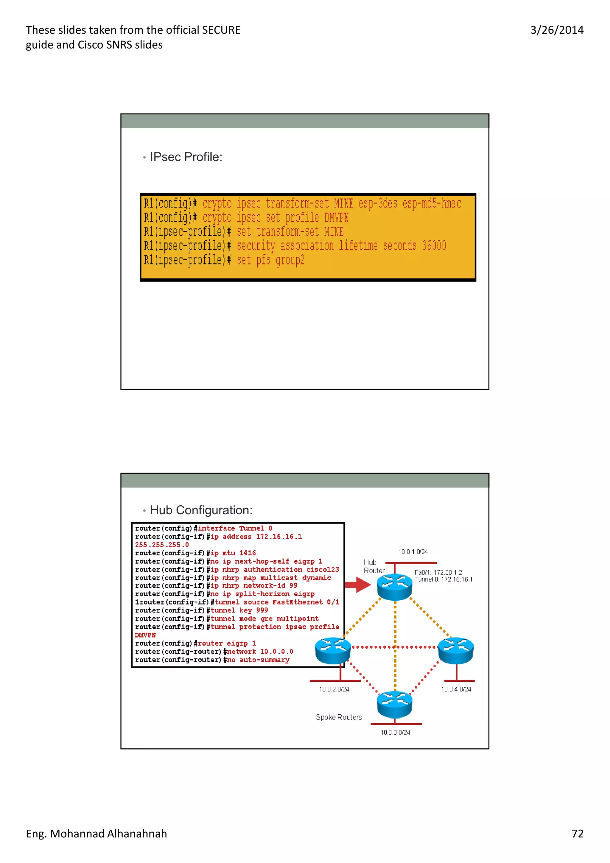 These slides taken from the official SECURE
guide and Cisco SNRS slides
3/26/2014
Eng. Mohannad Alhanahnah 72
• IPsec Profile:
• Hub Configuration:
 