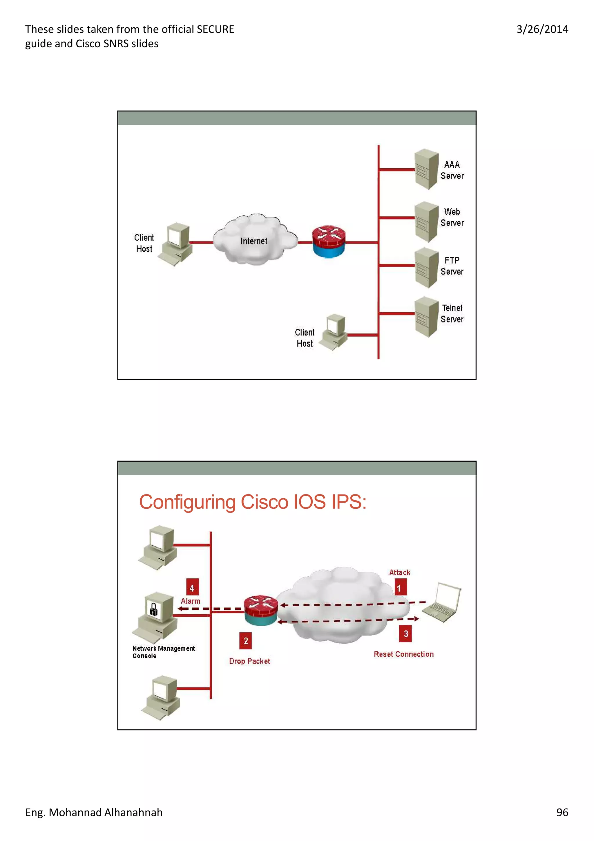 These slides taken from the official SECURE
guide and Cisco SNRS slides
3/26/2014
Eng. Mohannad Alhanahnah 96
Configuring Cisco IOS IPS:
 