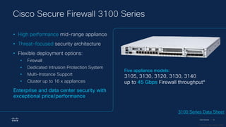 Cisco Security | 15
Five appliance models:
3105, 3130, 3120, 3130, 3140
up to 45 Gbps Firewall throughput*
* 1024B FW+AVC+IPS
• High performance mid-range appliance
• Threat-focused security architecture
• Flexible deployment options:
• Firewall
• Dedicated Intrusion Protection System
• Multi-Instance Support
• Cluster up to 16 x appliances
Enterprise and data center security with
exceptional price/performance
3100 Series Data Sheet
Cisco Secure Firewall 3100 Series
 