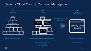 Cisco Security | 28
20+ Product Consoles Platform Experiences are emerging…
defenseorchestrator.com
xdr.cisco.com
SSE.cisco.com
CDO
XDR
Security Cloud
Control
Historically Today Security
Cloud Control
SSE
How do we make this
final leap?
security.cisco.com
Unified management
Security Cloud Control: Common Management
 