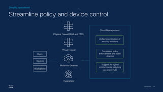 Cisco Security | 29
Cloud Management
Unified coordination of
security solutions
Support for hybrid
environments including
on-prem FMC
Consistent policy
enforcement and object
sharing
Physical Firewall (ASA and FTD)
Virtual Firewall
Multicloud Defense
Hypershield
Users
Devices
Applications
Simplify operations
Streamline policy and device control
 