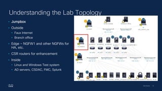 Cisco Security | 33
Understanding the Lab Topology
• Jumpbox
• Outside
• Faux Internet
• Branch office
• Edge – NGFW1 and other NGFWs for
HA, etc.
• CSR routers for enhancement
• Inside
• Linux and Windows Test system
• AD servers, CSDAC, FMC, Splunk
 