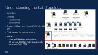 Cisco Security | 37
Understanding the Lab Topology
• Jumpbox
• Outside
• Faux Internet
• Branch office
• Edge – NGFW1 and other NGFWs for HA,
etc.
• CSR routers for enhancement
• Inside
• Linux and Windows test systems
• AD servers, CSDAC, FMC, Splunk, traffic
generatort (with FTD)
 