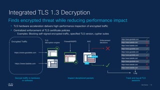 Cisco Security | 55
Finds encrypted threat while reducing performance impact
Integrated TLS 1.3 Decryption
• TLS hardware acceleration delivers high-performance inspection of encrypted traffic
• Centralized enforcement of TLS certificate policies
‒ Examples: Blocking self-signed encrypted traffic, specified TLS version, cypher suites
Log
TLS
decryption engine
Firewall/NGIPS
Enforcement
decisions
AVC
ilicit
gambling
https://www.badsite.com
https://www.goodsite.com
Decrypt traffic in hardware
or software
Inspect deciphered packets Track and log all TLS
sessions
https://www.goodsite.com
https://www.badsite.com
https://www.badsite.com
https://www.goodsite.com
https://www.goodsite.com
https://www.goodsite.com
https://www.badsite.com
https://www.goodsite.com
https://www.badsite.com
https://www.badsite.com
Encrypted Traffic
 