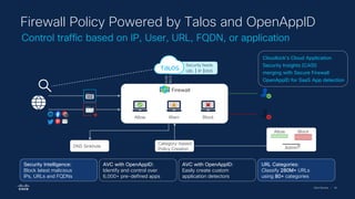 Cisco Security | 62
Control traffic based on IP, User, URL, FQDN, or application
Firewall Policy Powered by Talos and OpenAppID
Security Intelligence:
Block latest malicious
IPs, URLs and FQDNs
AVC with OpenAppID:
Identify and control over
6,000+ pre-defined apps
AVC with OpenAppID:
Easily create custom
application detectors
URL Categories:
Classify 280M+ URLs
using 80+ categories
Category-based
Policy Creation Admin
Allow Block
DNS Sinkhole
0100
0010
Security feeds
URL | IP |DNS
Allow Warn Block
Firewall
Cloudlock's Cloud Application
Security Insights (CASI)
merging with Secure Firewall
OpenAppID for SaaS App detection
 