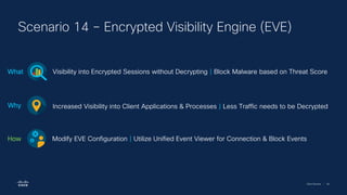 Cisco Security | 64
Scenario 14 – Encrypted Visibility Engine (EVE)
Visibility into Encrypted Sessions without Decrypting | Block Malware based on Threat Score
What
Increased Visibility into Client Applications & Processes | Less Traffic needs to be Decrypted
Why
Modify EVE Configuration | Utilize Unified Event Viewer for Connection & Block Events
How
 