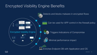 Cisco Security | 66
Encrypted Visibility Engine Benefits
66
Can be used for APP control in the firewall policy
Detects and blocks malware in encrypted flows
Minimal performance impact
Triggers Indications of Compromise
Enriches Endpoint DB with Application and OS
Encrypted Visibility Engine
 